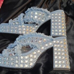 Embellished Light Blue Fringe Platform Mules